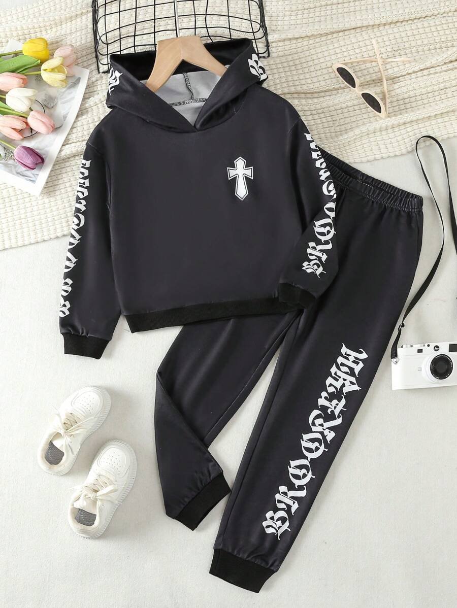 SHEIN 女童秋冬季印花文字設計休閒套裝2入組 - 卡其色 - 查看 1