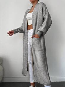 EURMUSE Dual Pocket Drop Shoulder Open Front Longline Duster Cardigan - Grey - View 5