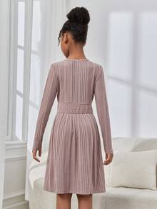 SHEIN 女孩時尚針織純色圓領長袖連衣裙,適合外出活動 - 橘色 - 查看 2