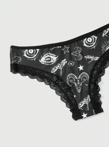 ROMWE Goth 3pcs/set Women's Lace Trimmed Butterfly & Bat & Starry Eyes Printed Thong Underwear - Multicolor - View 3