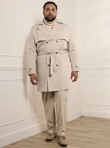 Manfinity VCAY Loose Woven Casual Trench Coat With Belt (Plus Size Men), For Fall Winter - Apricot - View 4