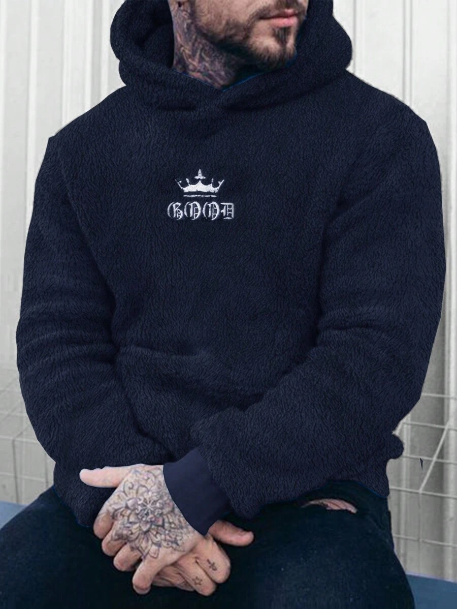 Manfinity LEGND Sudadera Con Capucha Y Forro Polar Para Hombre Con Bordado De Corona Y Letras - azul real - Ver 1