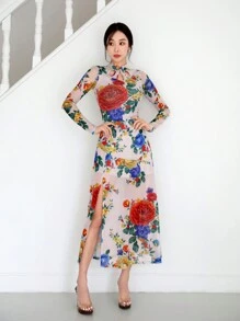 EastFlair 女式中式風格花卉印花長旗袍連衣裙,高開叉,適合派對、約會、春季外出穿著 - 藕粉色 - 查看 1