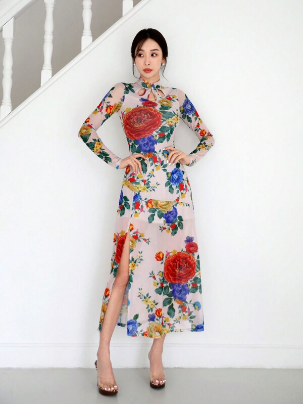 EastFlair Women's Vintage Cheongsam Dress With Chinese Style Floral Print And High Slit, Perfect For Parties, Dates, Spring Outings