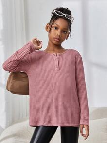 SHEIN Cô gái Đúng mốt Thanh lịch Dệt kim Màu thuần Cổ thuyền viên Tay áo dài Áo - Hồng - Xem 3