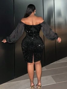 Slaydiva SLAYR PLUS - Luxury Party - Knit Non-Stretch Sequin Contrast Off Shoulder Plus Size Dress - Black - View 3