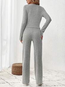 SHEIN LUNE Quý cô Màu thuần Bộ đồ trên và quần - Màu Khaki - Xem 2