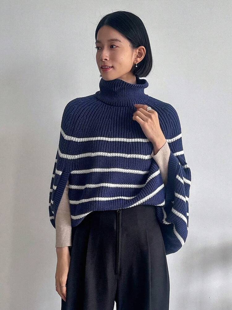 Women's Striped Cape Sleeve Loose Sweater,Fall Women Clothes Turtleneck Women