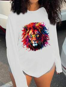 SHEIN LUNE 大尺碼圓領獅子印花t恤