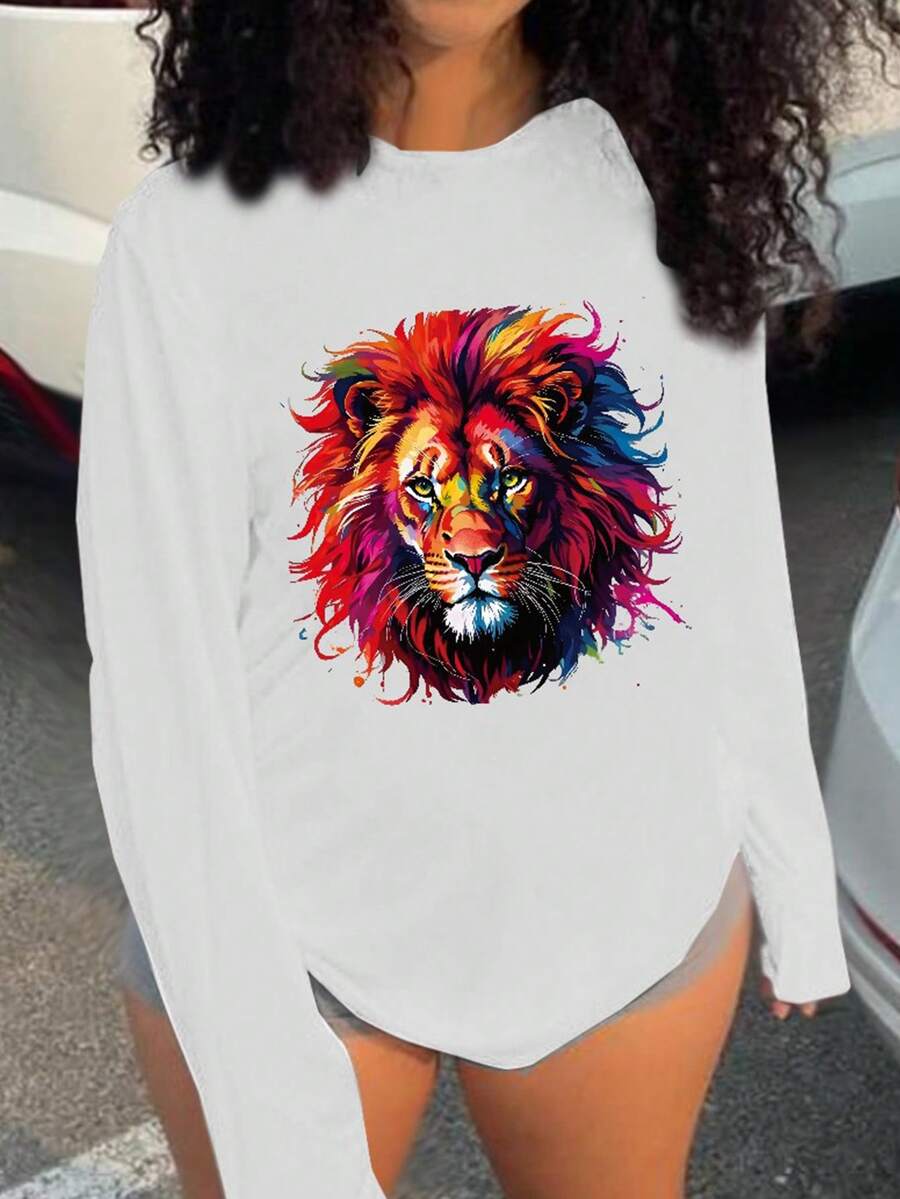 SHEIN LUNE 大尺碼圓領獅子印花t恤