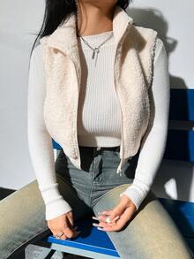 SHEIN Qutie Women's Plush Vest Jacket - Beige - View 5