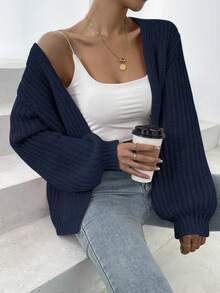 SHEIN Frenchy Solid Colored Lantern Sleeve Cardigan - Royal Blue - View 4