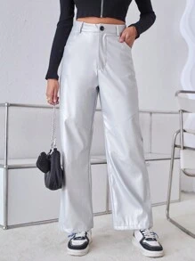 SHEIN Essnce Pu Women's Long Pants - Silver - View 1