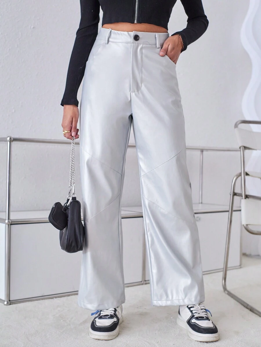 SHEIN Essnce Pu Women's Long Pants - Silver - View 1