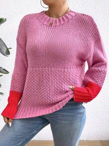 Celure Jersey De Talla Grande Para Mujer Con Cuello Redondo, Bloque De Color Y Hombro Caído