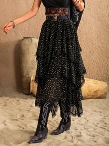 Rusttydustty Women's Black Polka Dot Asymmetric Layered Retro Romantic Skirt, Suitable For Holiday, Valentine's Day, New Year Party Wear - Black - View 5
