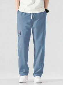 Chillumni Men Letter Patched Detail Flap Pocket Side Drawstring Waist Cargo Pants - Dusty Blue - View 5