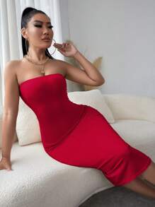 SHEIN SXY Solid Color Backless Strapless Dress,Prom Dress
