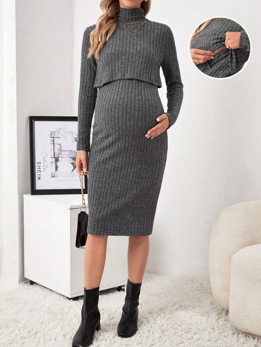 SHEIN 孕婦半高領長袖肋針哺乳裙