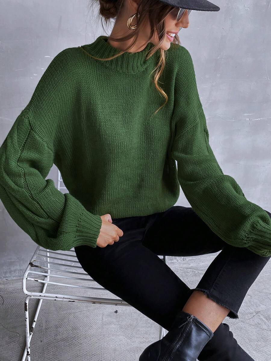 SHEIN LUNE Giải trí Quý cô Vòng cổ Màu thuần Thả vai Áo len - xanh quân đội - Xem 1