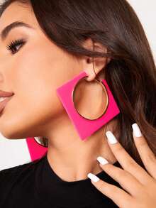 SHEIN SXY 一對方形時尚耳環 - 玫紅色 - 查看 4