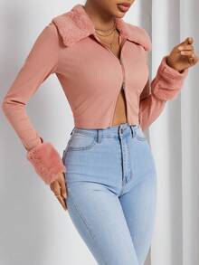 SHEIN PETITE Của phụ nữ Vá lại Khóa kéo UP Áo khoác - Bụi hồng - Xem 6