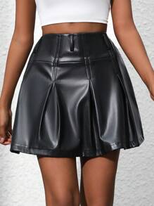 SHEIN Unity Của phụ nữ Cao eo Xếp li chất liệu da PU Váy mini - màu đen - Xem 6