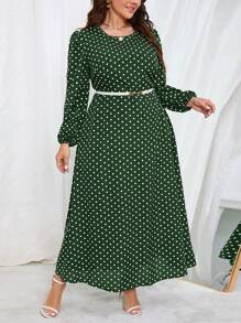 SHEIN Clasi 大尺碼圓領波點連身裙 - 綠色 - 查看 1
