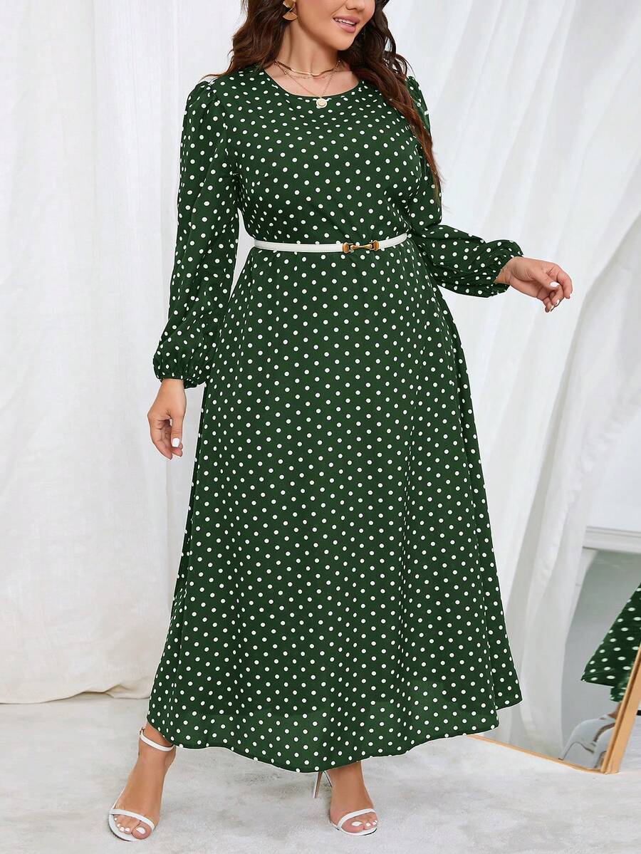 SHEIN Clasi 大尺碼圓領波點連身裙 - 綠色 - 查看 1