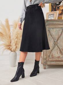 SHEIN LUNE Đen Váy Denim Với Xếp - màu đen - Xem 4