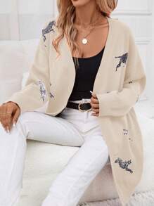 SHEIN Clasi Women's Leopard Pattern Drop Shoulder Front Open Long Sleeve Cardigan - Apricot - View 4