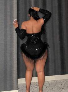 Slaydiva 大尺碼女士閃閃發亮的絨毛織邊露肩連體衣