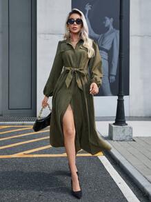 SHEIN Privé 襯衫袖前開襟系帶裙 - 軍綠色 - 查看 1