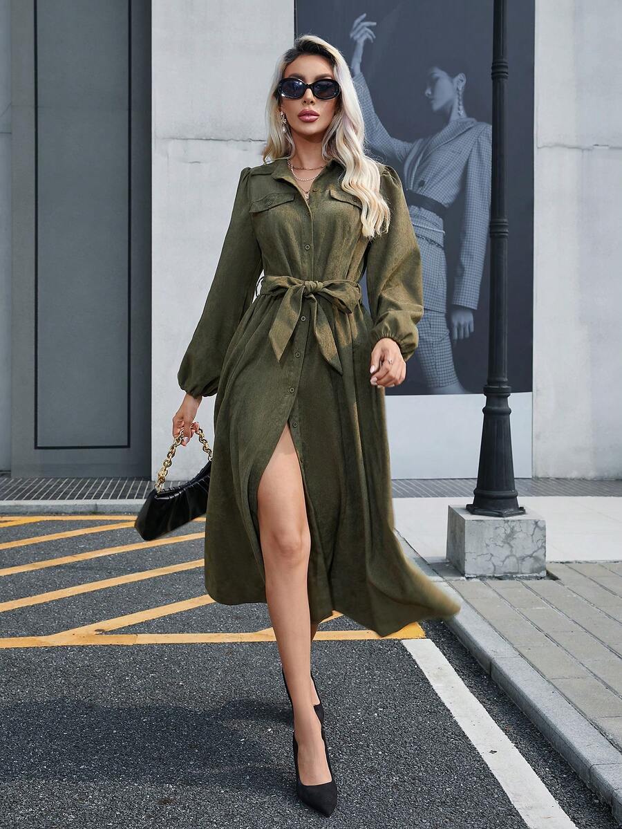 SHEIN Privé 襯衫袖前開襟系帶裙 - 軍綠色 - 查看 1