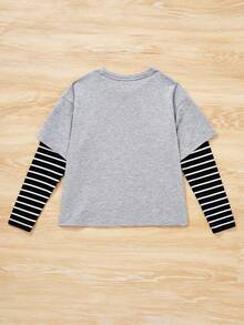 SHEIN 卡通印花條紋拼接圓領休閒長袖t卹（適用於青少年女孩） - 淺灰色 - 查看 2