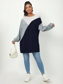 SHEIN Essnce Kích thước lớn Của phụ nữ Thả vai Khối màu Áo nỉ - Màu xanh hải quân - Xem 3