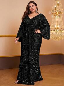 YISIKADO Women's Plus Size Prom Evening Gown Sequin Long Sleeve Dress