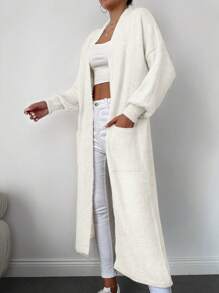EURMUSE Dual Pocket Drop Shoulder Longline Duster Cardigan - White - View 3