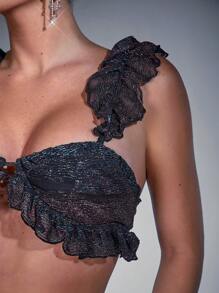 Hauture Ruffle Trim Crop Metallic Mesh Top - Black - View 5