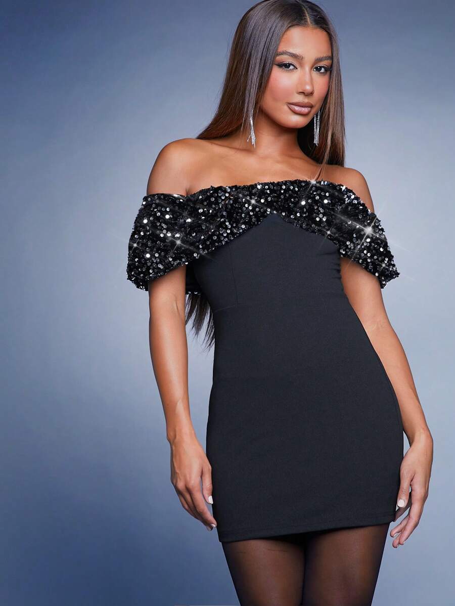 Hauture Off Shoulder Contrast Sequin Bodycon Mini Dress
