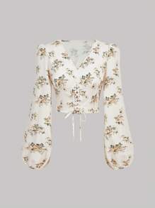 SHEIN MOD 女性花卉印花系帶前裝襯衫 - 彩色 - 查看 1