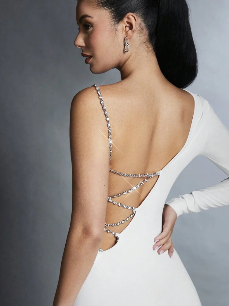Women's Asymmetrical Neckline Rhinestone Strap Bodycon Dress
