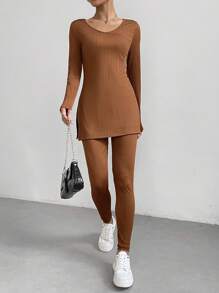 SHEIN Essnce Của phụ nữ Bên Khe Tay áo dài Áo thun Và Xà cạp Bộ - màu nâu - Xem 5