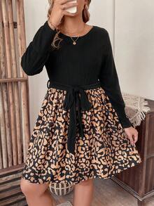 SHEIN LUNE Women's Plus Size Round Neck Ribbed Knit & Hollow Stripe Patchwork Dress - Multicolor - View 4