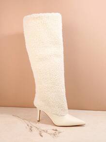 SHUZIA Women Plus Fleece Thick Pointed Toe High Heel Mid-Calf Boots Suitable For Daily Wear, Parties, Gatherings