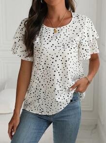 EMERY ROSE Women's Polka Dot Printed Short Sleeve Shirt - White - View 3