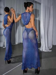 SHEIN ICON Của phụ nữ Màu thuần áo có mũ Nhìn xuyên qua Đầm - Xanh đậm - Xem 2