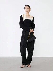 女款拼色修身簡約針織吊帶背心和青果領開襟衫 - 黑色 - 查看 8