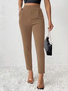 SHEIN PETITE Solid Color Tapered Long Pants - Coffee Brown - View 5