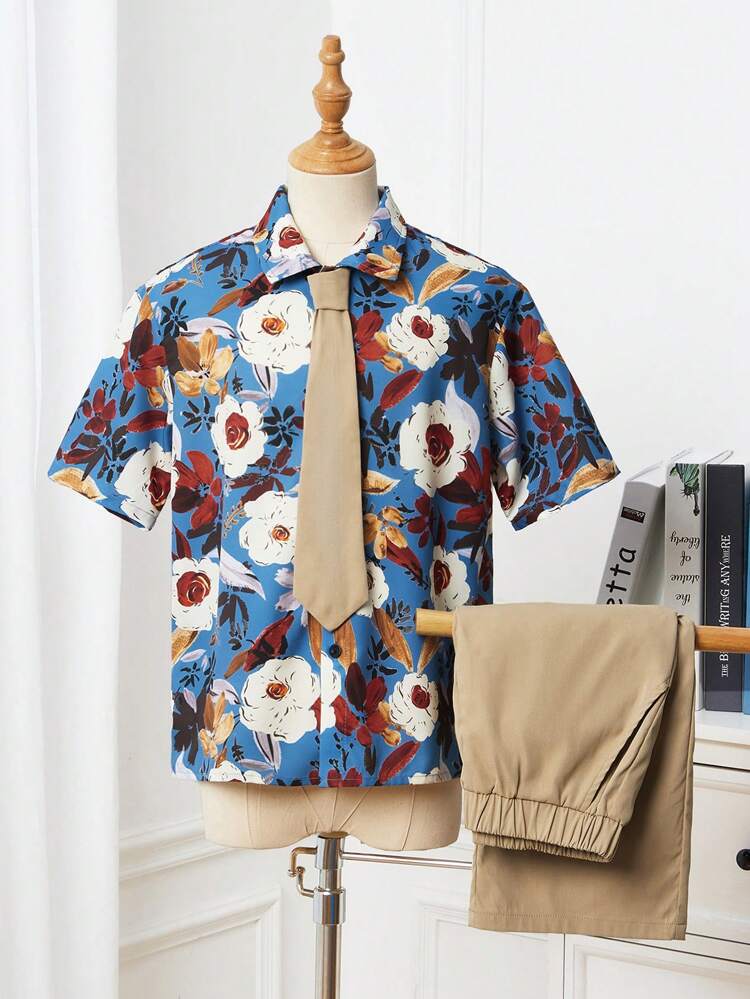 Tween Boys' Loose Fit Casual Short Sleeve Shirt With Patterned Tie And Long Pants Outfit